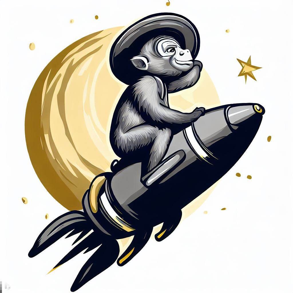 greyscale monkey riding a golden rocket to the moon, wearing a cowboy hat