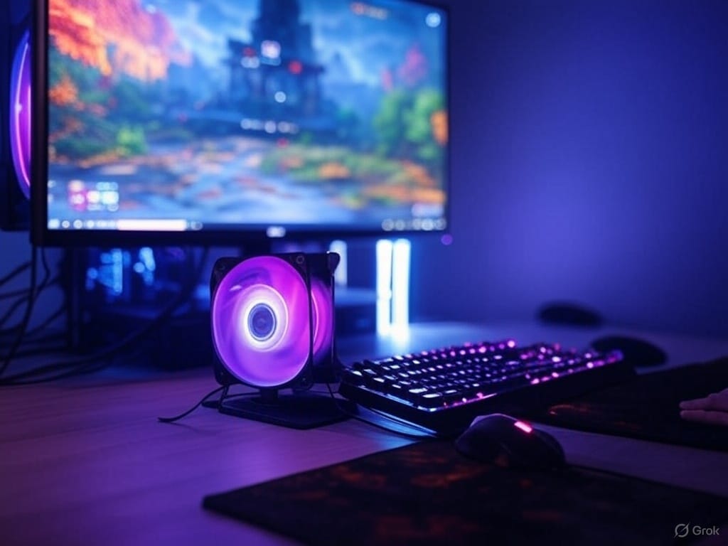 A sleek RGB fan with glowing purple and blue accents sits on a modern desk, part of a gaming setup with an RGB keyboard and mouse. A monitor displays a vibrant game world with a futuristic landscape and glowing effects. The dimly lit room is illuminated by dynamic purple and blue lighting, capturing the festive thrill of a holiday PC build, in a 16:9 aspect ratio.