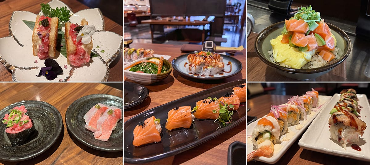 Assortment of Japanese dishes from Irori Restaurant in Marina del Rey including bluefin tuna, sushi rolls, sashimi, and hand rolls with salmon, crab, tuna