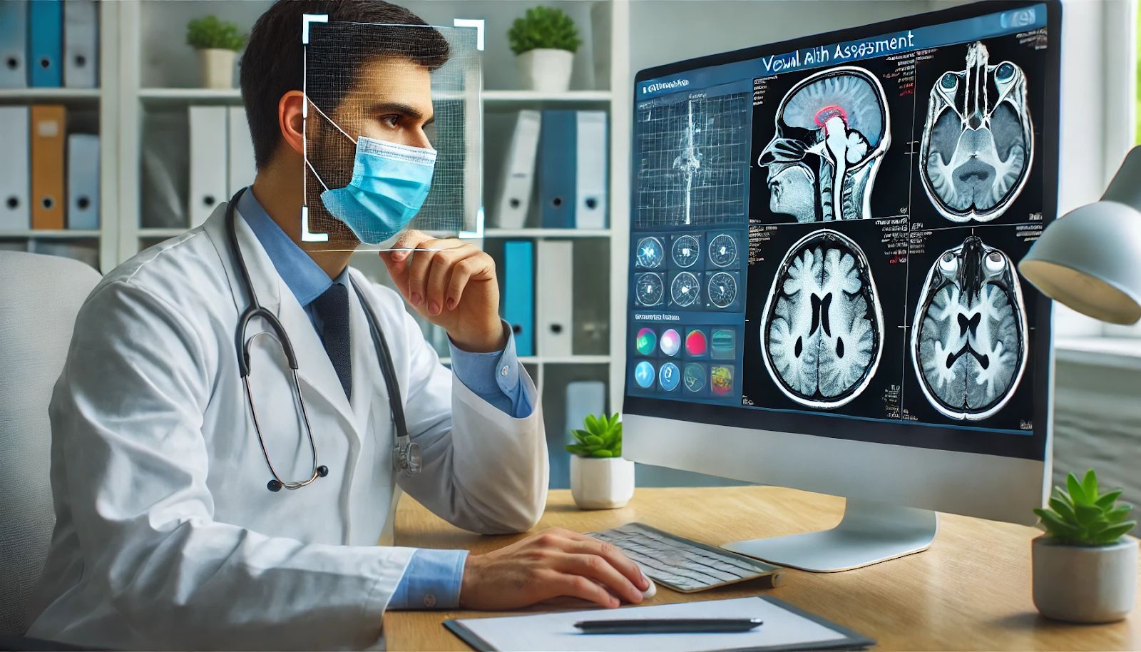 A doctor conducting a remote visual health assessment using computer vision technology to analyze a patient's skin condition or brain CT scan on a computer screen.