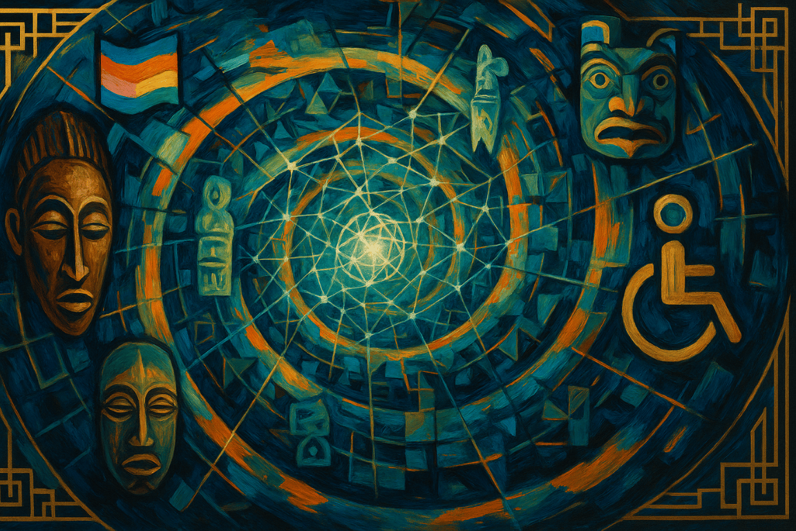 A cosmic spiral of intersectional healing where ancestral wisdom symbols from multiple marginalized cultures orbit around a glowing technological center, connected by networks of light in vibrant blues, oranges, and greens with abstract and geometric artistic elements.