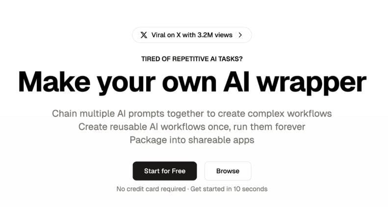 A webpage with "Tired of Repetitive AI Tasks? Make Your Own AI Wrapper" text, a pastel background, "Start for Free" and "Browse" buttons, and a note about 3.2M views on X.