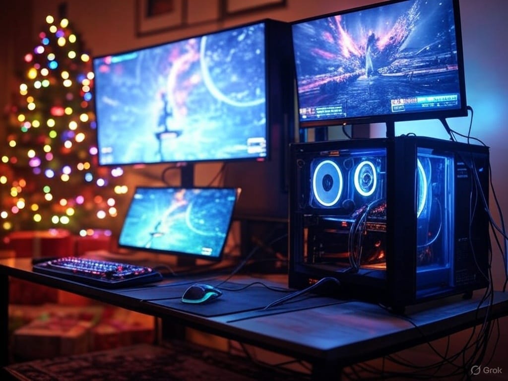 A photorealistic scene of a high-end gaming PC setup in a cozy room. The setup features a powerful tower with glowing RGB components and liquid cooling, illuminated by vibrant blue lights. Three sleek monitors display dynamic, colorful game-like visuals. An illuminated gaming keyboard and mouse sit on the desk. Next to the setup is a beautifully decorated Christmas tree adorned with colorful lights and wrapped presents underneath, creating a warm, festive, yet high-tech atmosphere with cinematic lighting. describe RGB components festive tech trends more vivid description