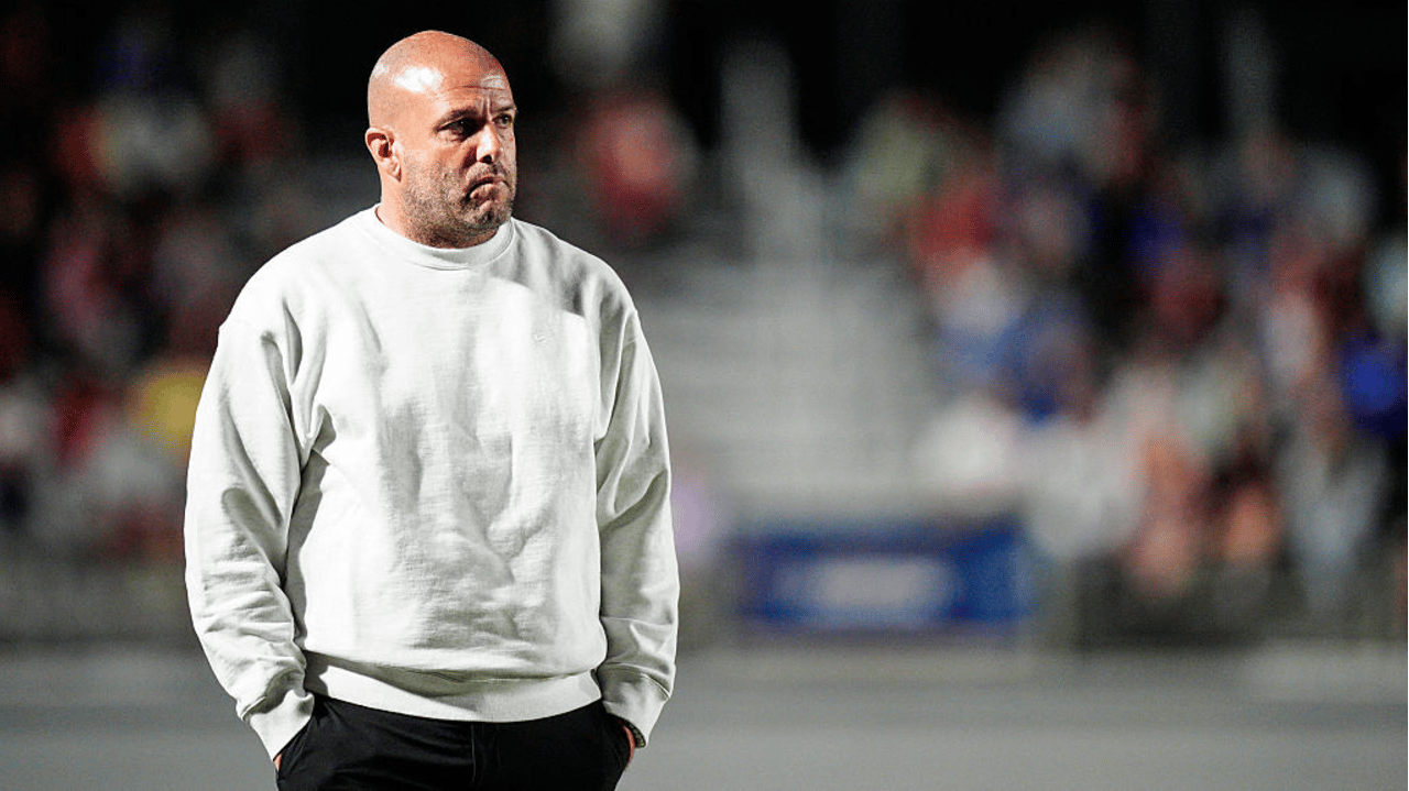 Sean Nahas, Head Coach of NC Courage, looks on during the NWSL match between NC Courage and Orlando Pride at First Horizon Stadium on May 10, 2025 in Cary, North Carolina. 