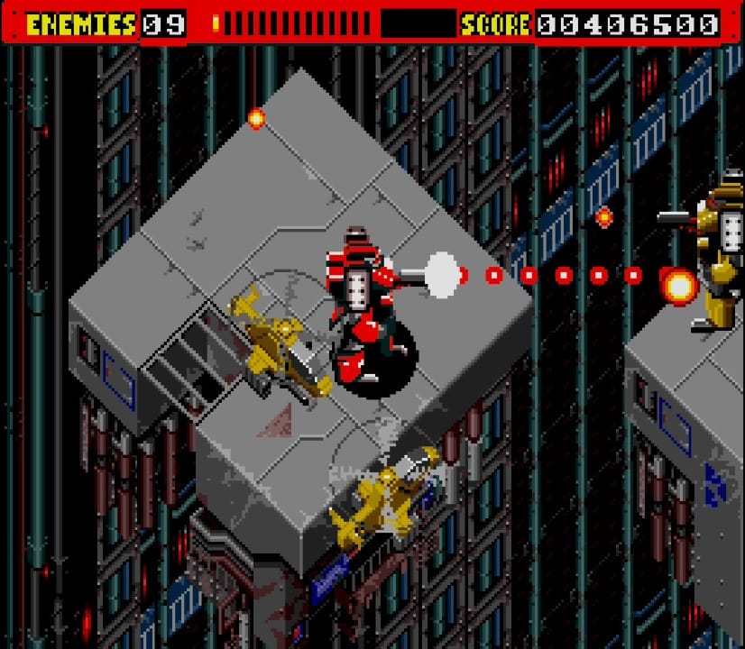 A screenshot showing the elevator stage, where your mech (flashing red with one piece of health left) has a second elevator with another mech riding it, firing at you, while two helicopters fly beside you.