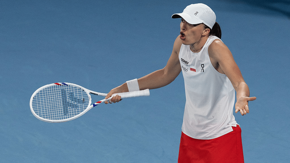 Iga Swiatek of Poland reacts in her finals match against Belinda Bencic of Switzerland during the United Cup at Ken Rosewall Arena on January 11, 2026 in Sydney, Australia. 