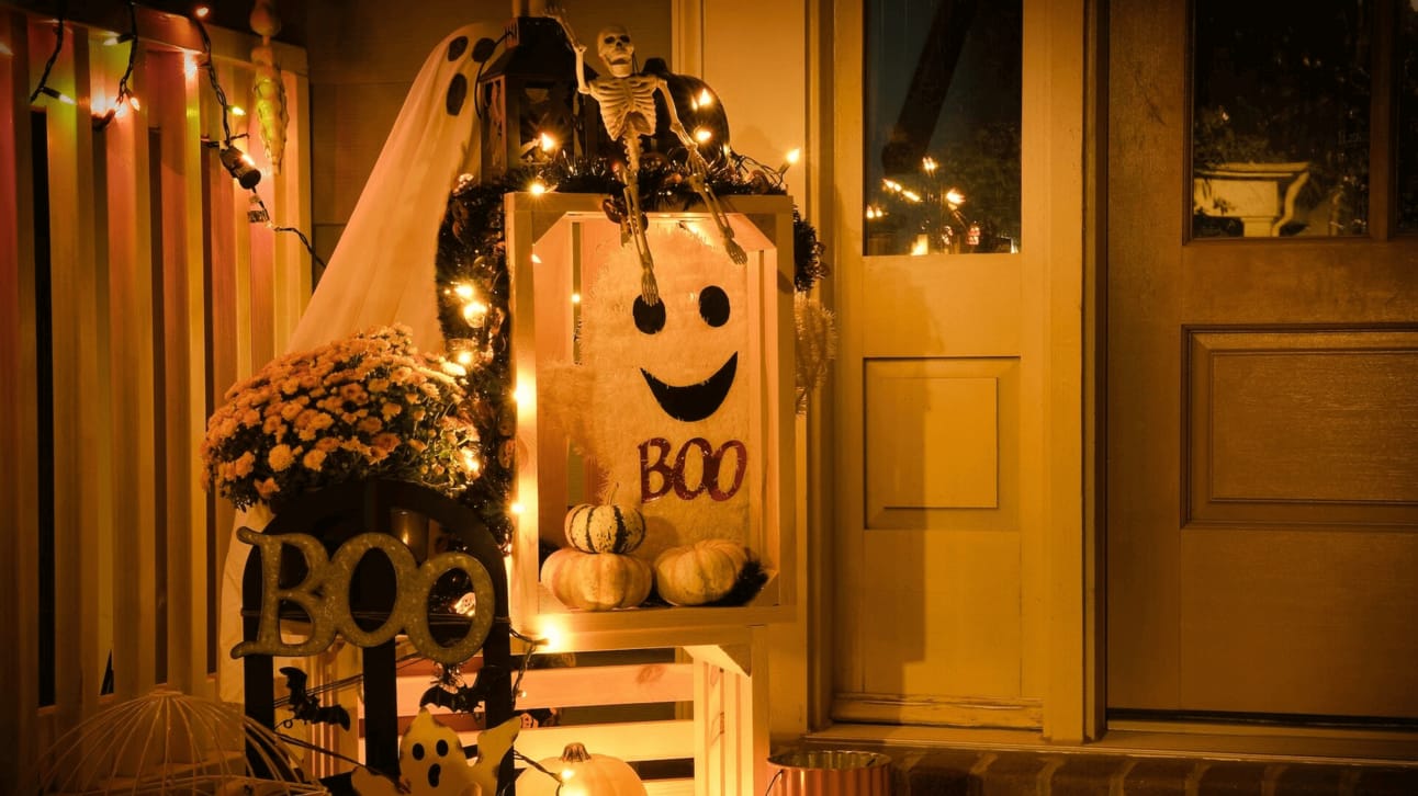 Halloween decorations and fairy lights in front of house