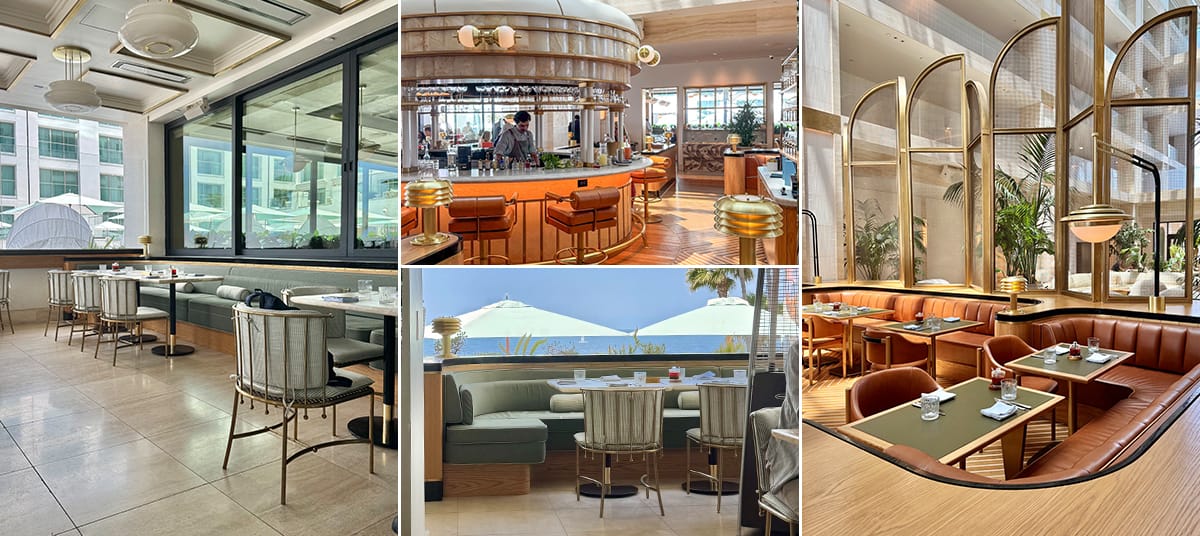 Interior of Orla by Michael Mina in Santa Monica featuring modern coastal design with gold accents, leather seating, ocean-view terrace, and bright bar area perfect for brunch