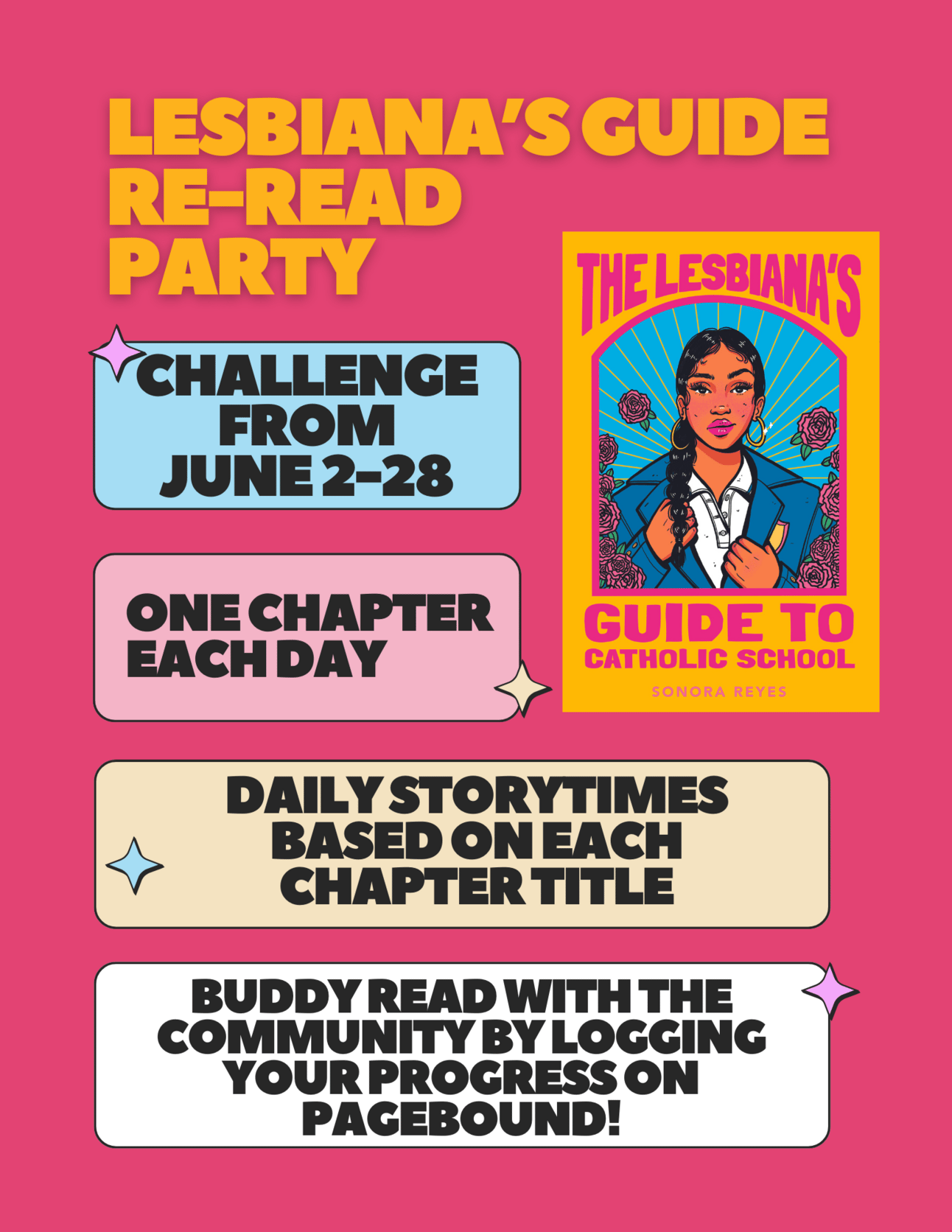 a graphic that reads: Lesbiana's Guide re-read party. Challenge from June 2-28. One chapter each day. Daily storytimes based on each chapter title. Buddy read with the community by logging your progress on Pagebound!