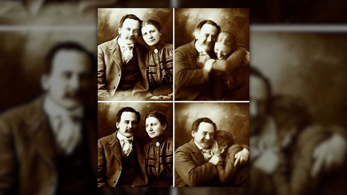 A sepia-colored photoset shows four images of a couple. The two photos on the left look much more serious than the images on the right.