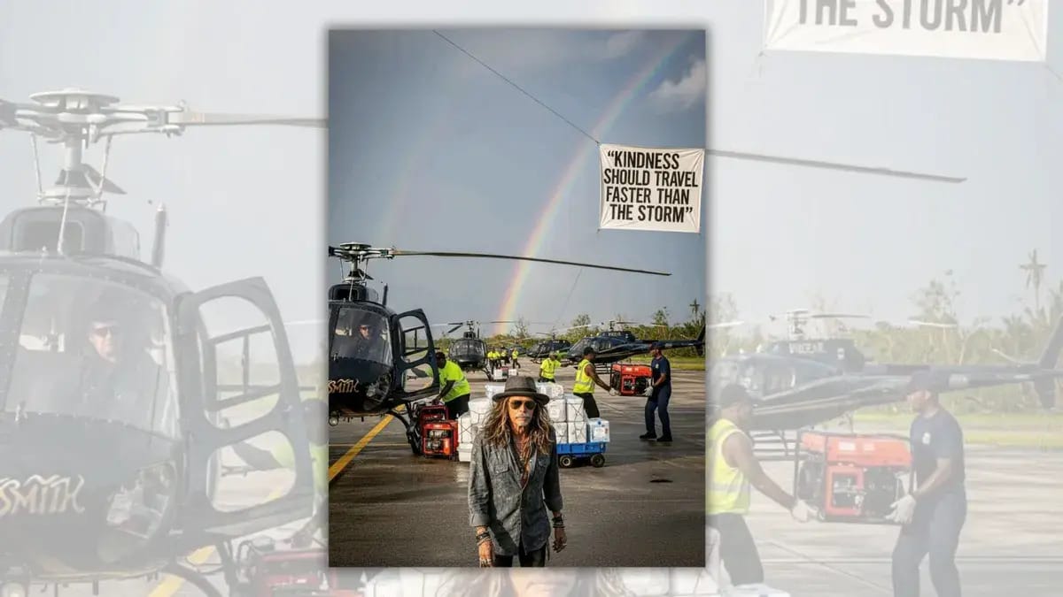 A white man stands towards the front of a photo. Behind him, people can be seen loading aid onto a helicopter. Towards the right side of the image, a sign says, "KINDNESS SHOULD TRAVEL FASTER THAN THE STORM."