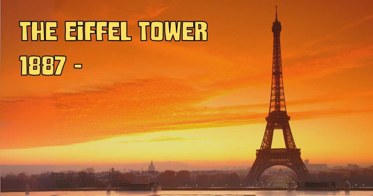 Eiffel Tower silhouette at sunset in Paris with text 'The Eiffel Tower 1887' -