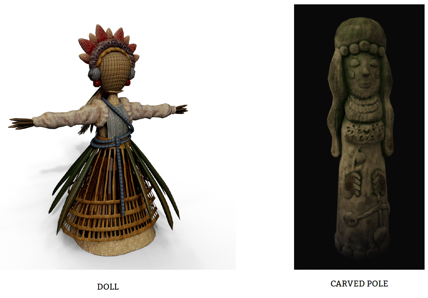 Two computer-rendered images of creepy objects, including a straw and woven doll and a wooden pole carved in the shape of a woman. 