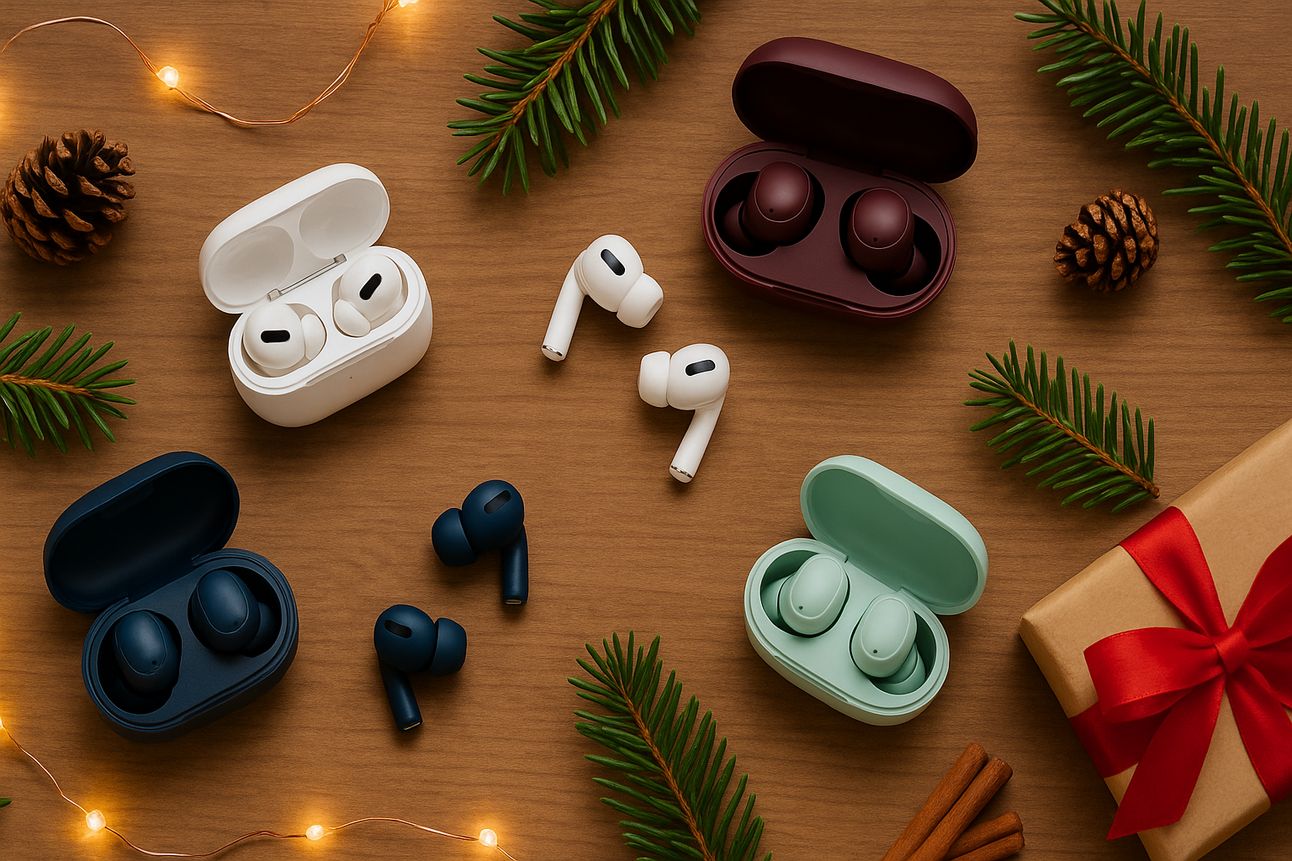 A stylish holiday flat lay featuring four pairs of colorful wireless earbuds with their charging cases, arranged on a warm wooden surface surrounded by pinecones, evergreen sprigs, glowing string lights, and a wrapped gift with a red ribbon—creating a cozy, festive tech shopping atmosphere.