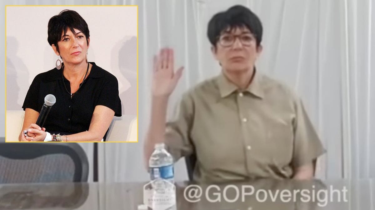 Two iamges of Ghislaine Maxwell, a white woman, are pictured. On the left, she is wearing a black shirt and holding a microphone. On the right, she is wearing glasses and raising her left hand while sitting at a table. The right image has a watermark, "@GOPoversight."
