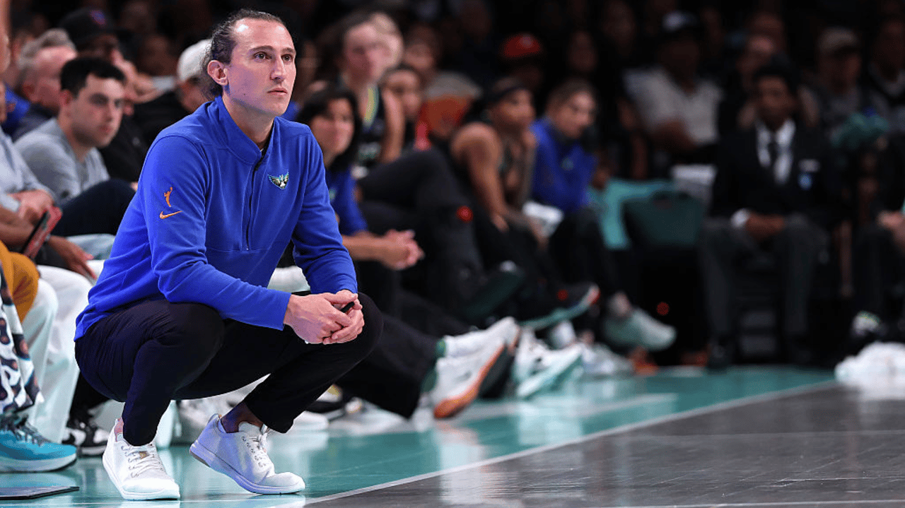 Head coach Chris Koclanes of the Dallas Wings looks on during the game against the New York Liberty at Barclays Center on August 05, 2025