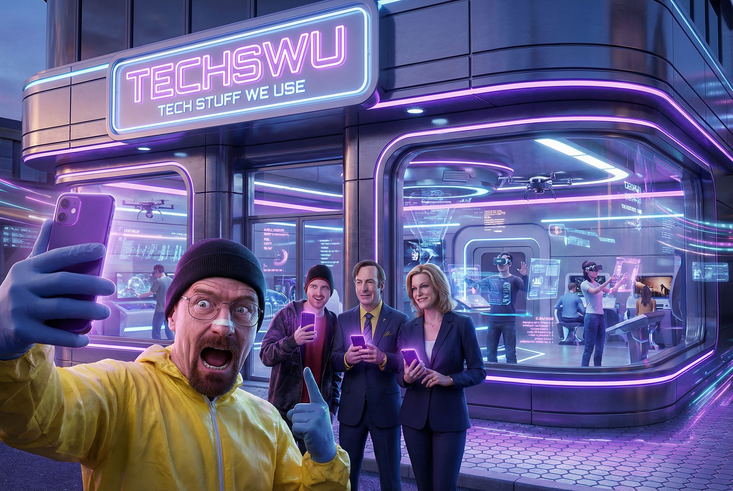 A captivating, futuristic 3D render of the TECHSWU store, illuminated by a striking light purple sign bearing the catchy slogan "Tech Stuff We Use". The sleek, contemporary exterior is adorned with a vibrant neon display, while the interior transports vis