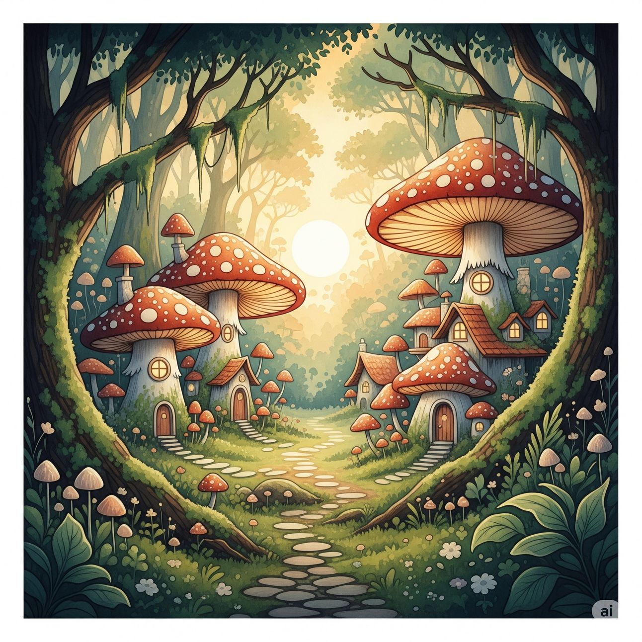 An ultra-detailed watercolor painting of a fantasy mushroom village at sunrise, dominated by warm golden and soft green tones.