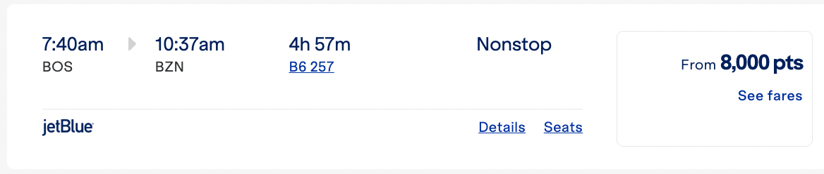 Boston to Bozeman for 8,000 JetBlue points