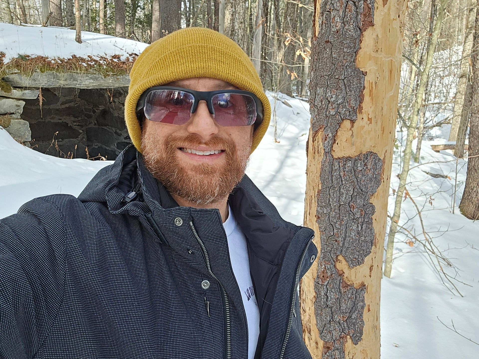 A selfie of me in a snow-covered forest, with an old stone storage house behind me. I'm a middle-aged white man with a red beard flecked with white. I'm wearing a honey-colored beanie, black sunglasses, and a dark blue checked winter jacked over a white shirt.
