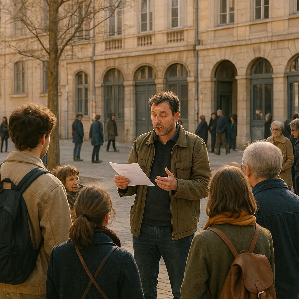 Un poète récite un poème devant une petite foule sur une place à Lyon