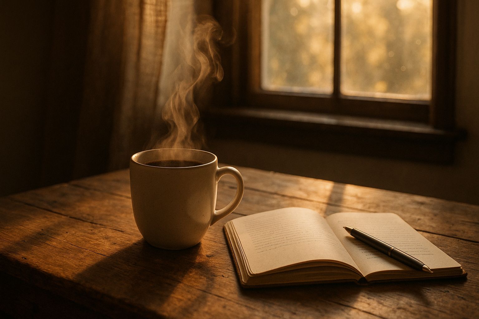 a cup of coffee in the morning with open journal
