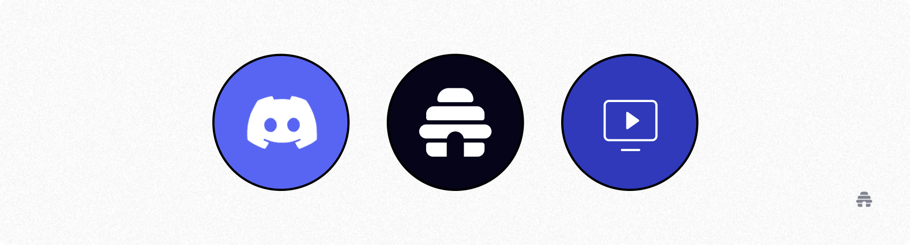 Row of circular icons representing Discord, the beehiiv newsletter platform, and video content, illustrating the channels creators can use to distribute and grow an audience beyond email.
