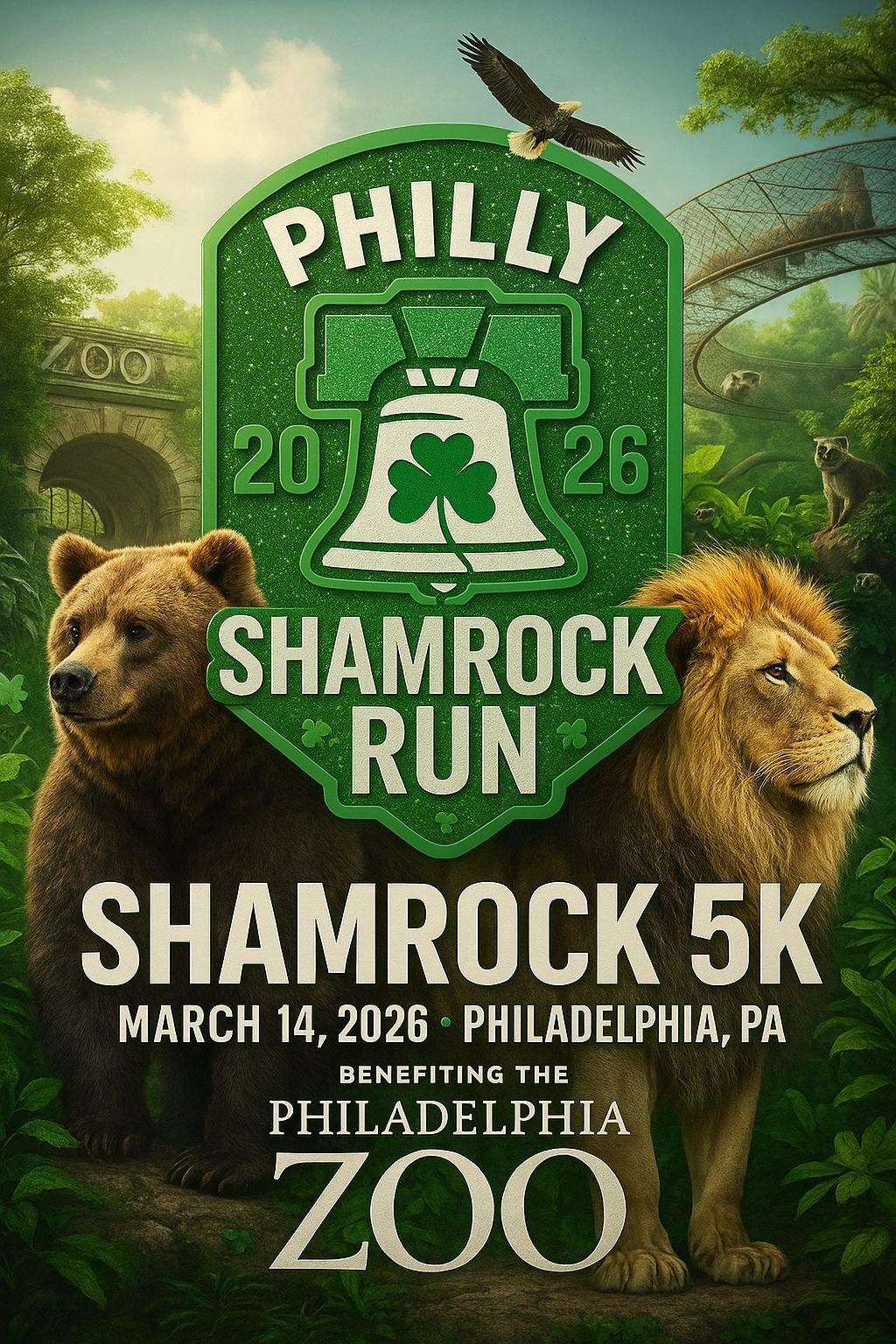 Poster for the 2026 Philly Shamrock Run 5K featuring a green Liberty Bell with a shamrock, a bear on the left, a lion on the right, lush zoo foliage in the background, and text noting the race benefits the Philadelphia Zoo