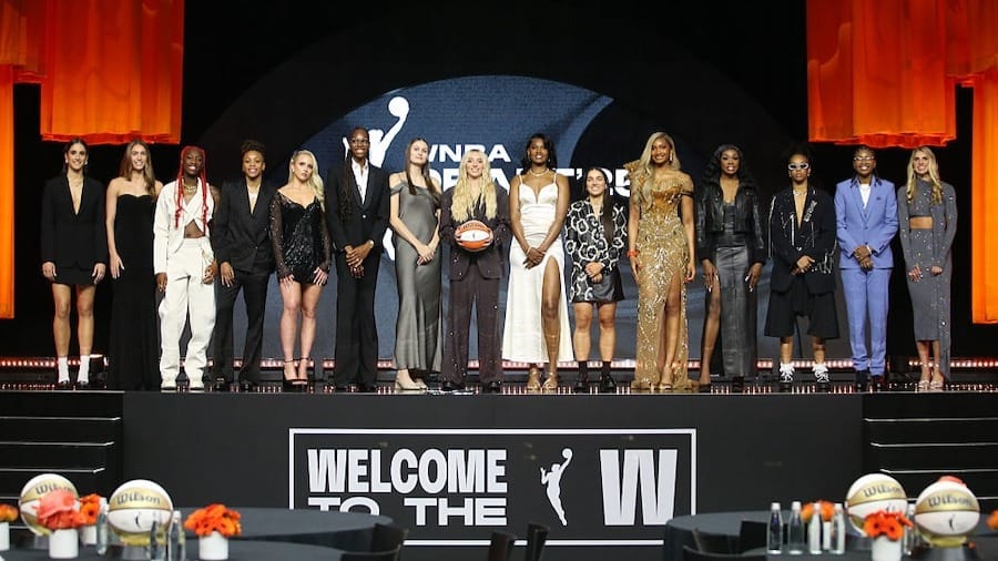 The 2025 Draft Class pose for a picture before the 2025 WNBA Draft on on April 14, 2025 at The Shed in New York, New York.