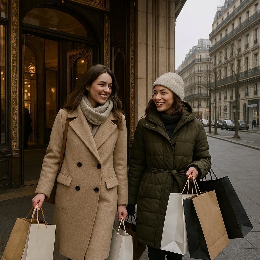 Deux amies sortant d'un grand magasin parisien avec leurs sacs d'achats par une journée grise de janvier.