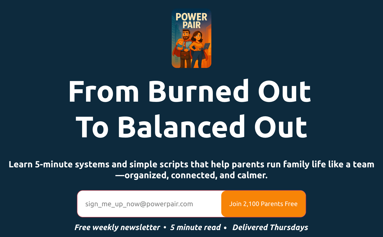 Logo for "Power Pair" with a couple and child, above the text "From Burned Out To Balanced Out" and an email signup form.