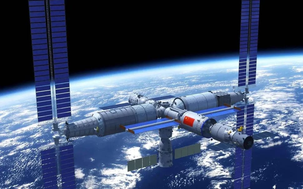 A rendering of China's Tiangong space station orbiting the Earth. (Credit: China Manned Space Engineering Office)