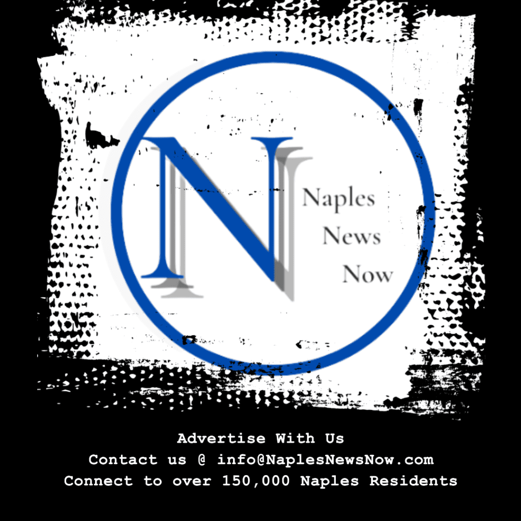 A blue and white logo for naples news now.