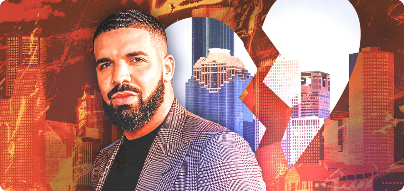 Drake in front of the Houston skyline