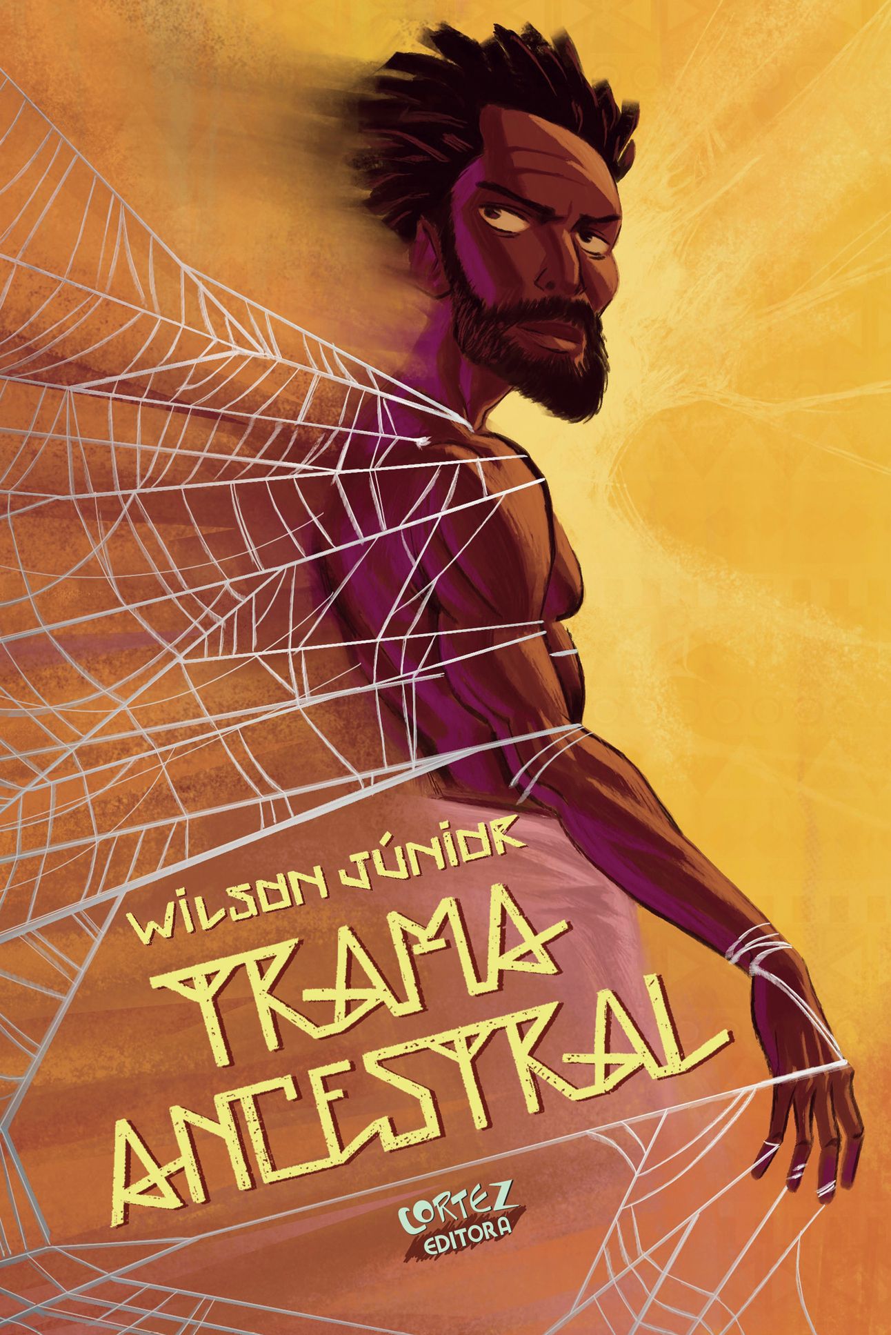 Capa de Trama Ancestral, de Wilson Júnior. Mostra um homem negro emaranhado em teias de aranha.