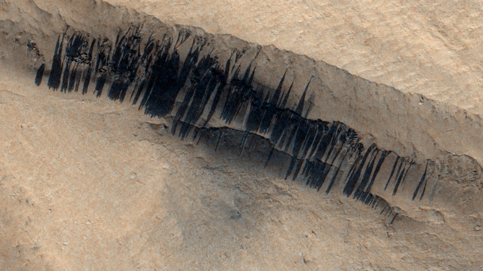 A meteoroid impact near Apollinaris Mons triggered over 100 dust streaks on Mars, captured by ESA’s ExoMars Trace Gas Orbiter on 24 December 2023. The Colour and Stereo Surface Imaging System (CaSSIS) camera imaged the event’s aftermath, including faint impact craters in the discolored region at the slope’s base. Analysis of earlier data suggests the impact occurred between 2013 and 2017. Most Martian slope streaks form when fine dust slides down steep terrain, driven by wind and seasonal changes, not water or impacts. A new Nature Communications study led by Valentin Bickel (University of Bern) used deep learning to analyze over two million streaks from NASA’s Mars Reconnaissance Orbiter, identifying five regional hotspots. Fewer than one in a thousand streaks are linked to impacts, making it a rare event. The image covers an area of approximately six square kilometres and was captured on 24 December 2023. Mars location: 7.1°S, 173.4°E. CaSSIS image MY37_027142_351.