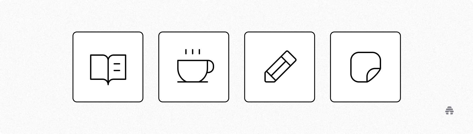 Minimalist icons representing reading, coffee, writing, and creating—symbolizing content creation and inspiration, consistent with beehiiv’s focus on empowering newsletter creators.