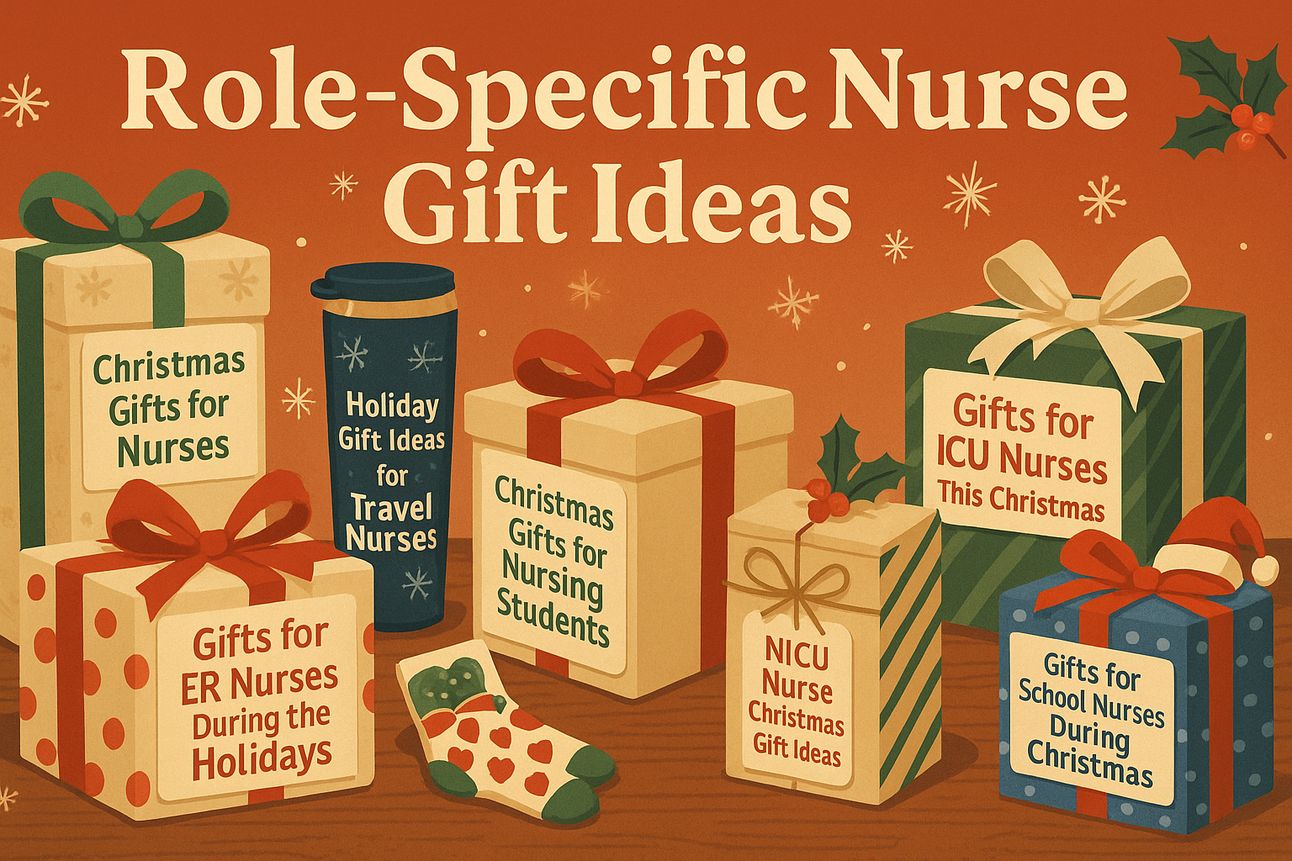 A digital illustration presents Christmas gifts tailored to different types of nurses, with labeled boxes for ICU nurses, ER nurses, travel nurses, nursing students, school nurses, NICU nurses, and general nurse gifts. Each gift box is decorated with ribbons, bows, holly, and festive patterns, all arranged on a wooden surface with a red-orange holiday-themed background featuring snowflakes and mistletoe.