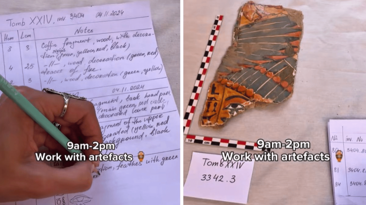 Images show an archaeologist in Egypt cataloguing artifacts.