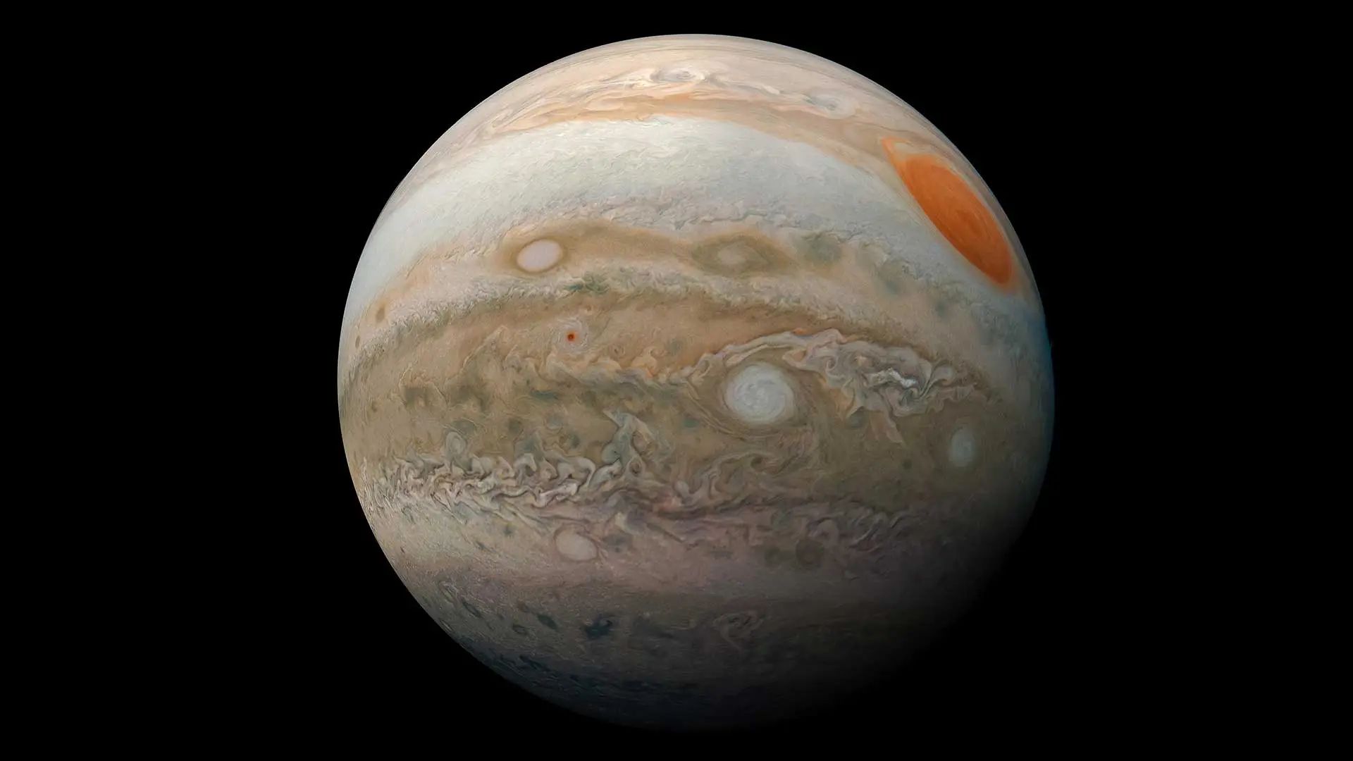 This color‑enhanced view of Jupiter’s Great Red Spot was created from three images captured by NASA’s Juno spacecraft on Feb. 12, 2019, while flying between 16,700 miles (26,900 kilometers) and 59,300 miles (95,400 kilometers) above the planet’s cloud tops.