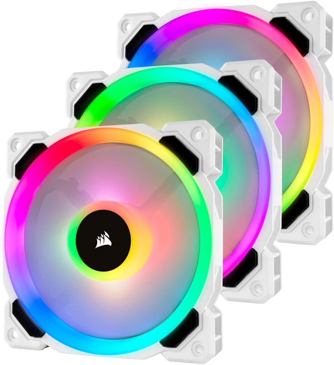 Corsair LL120 RGB – The Classic Choice A classic 120mm Corsair RGB fan with 16 addressable LEDs spinning inside a stylish Destiny 2 gaming rig with iCUE-controlled lighting effects.