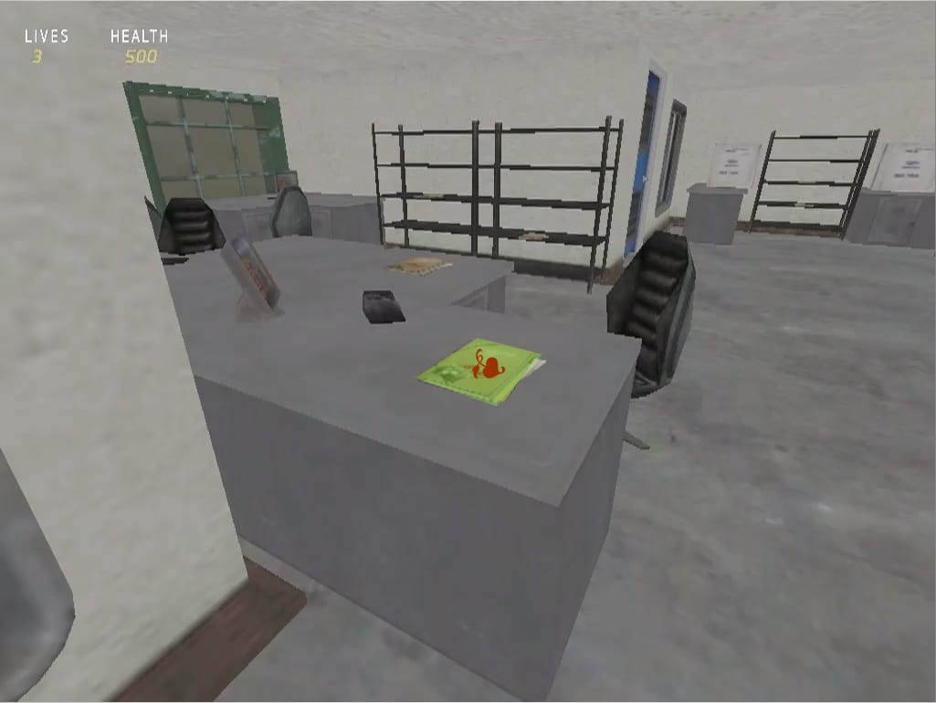 screenshot of computer game showing grey office furniture