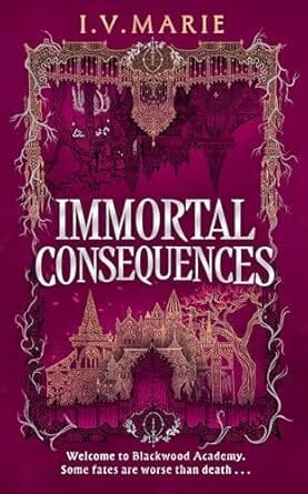 Crimson and gold cover with a haunted academy silhouette framed by decaying gothic embellishments.