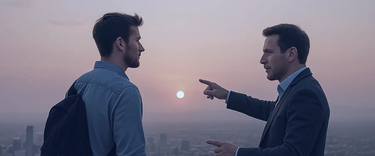 Deux hommes qui parlent et un des deux montre l'horizon du doigts