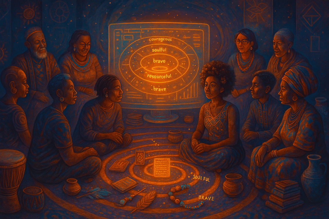 Multigenerational, intersectional community members gather in a spiral circle, reflecting on their dashboard stories under ancestral light.