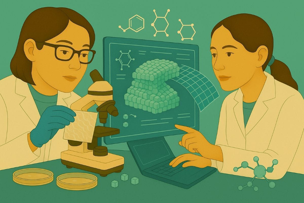 Illustration of two scientists in white lab coats collaborating in a laboratory, with one examining a sample under a microscope and the other analyzing molecular data on a laptop beside a 3D model of cube-based biomaterials on a digital screen, symbolizing research and innovation at Biodesign Academy.