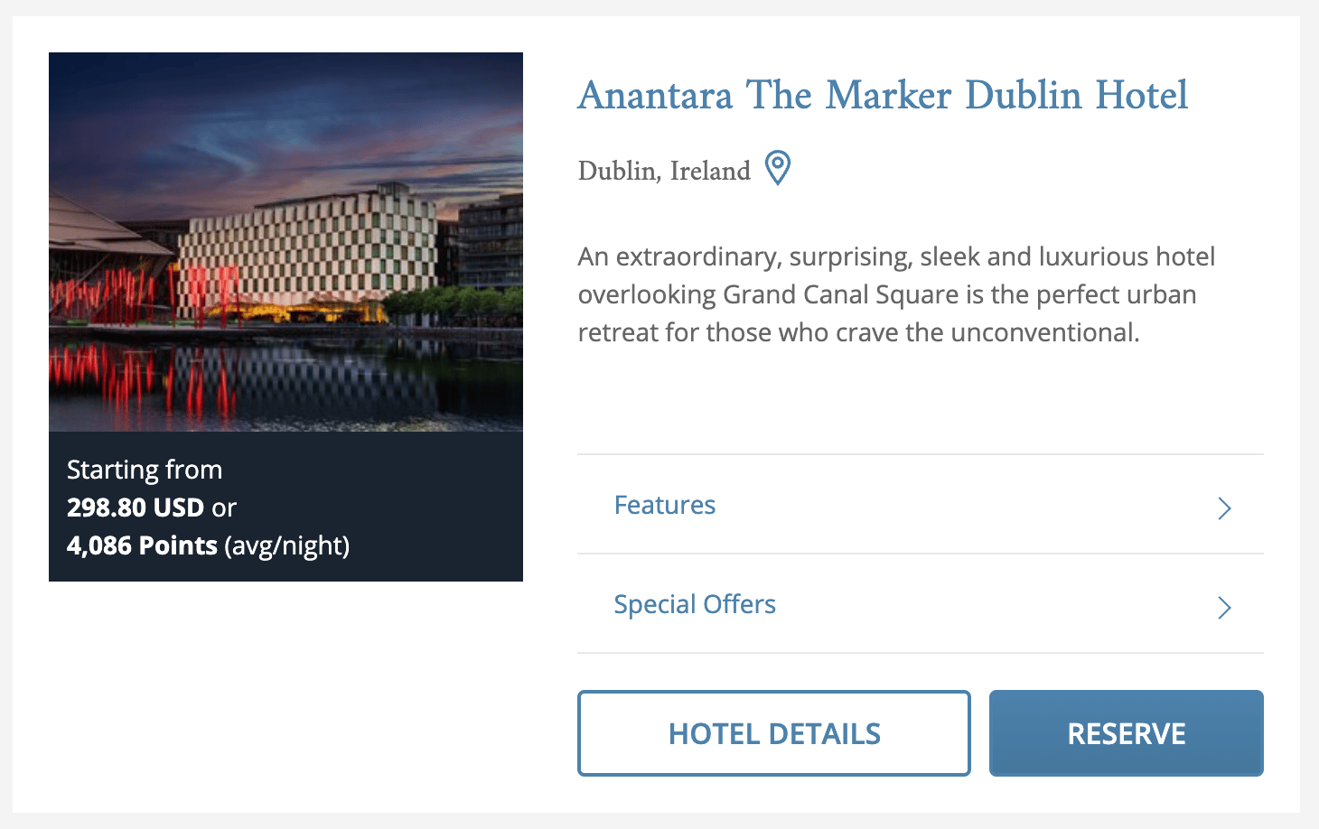 Example of an LHW property in Dublin for 4,000 points per night