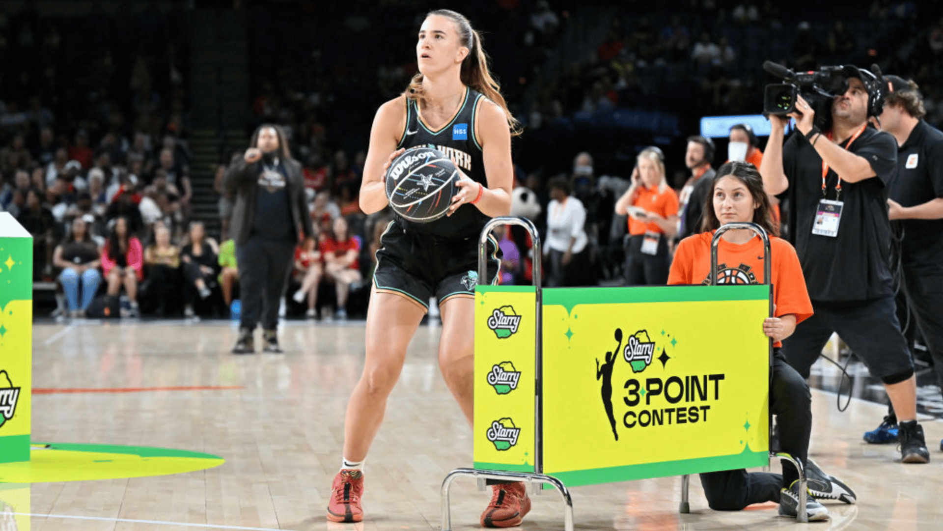 Sabrina Ionescu #20 of the New York Liberty shoots the ball during the 2023 WNBA Starry 3-Point Contest as part of the 2023 WNBA All-Star Friday on July 14, 2023