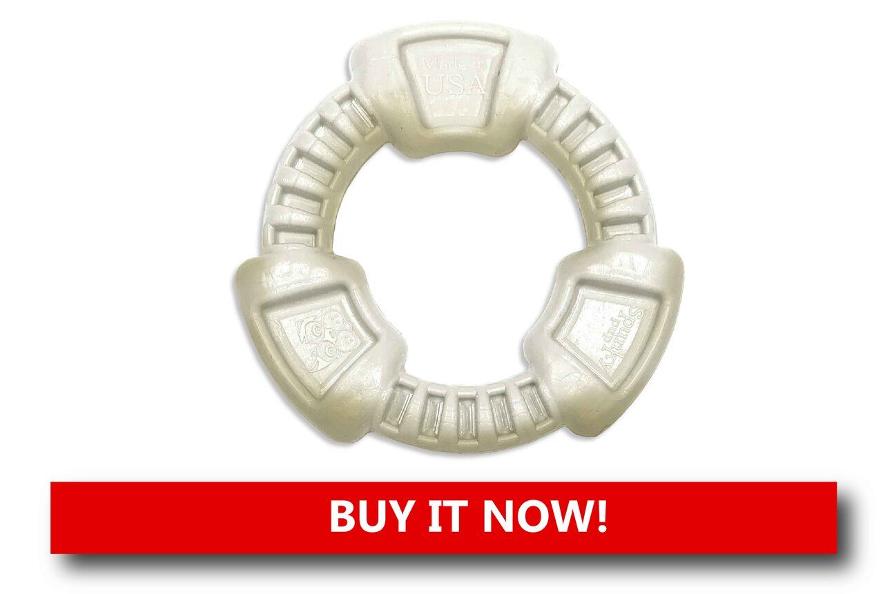 Recycled Ring Dog Toy Alt text: A textured dog ring toy made from 100% recycled water bottles, with a chicken flavor label, placed on grass beside a happy dog mid-play.