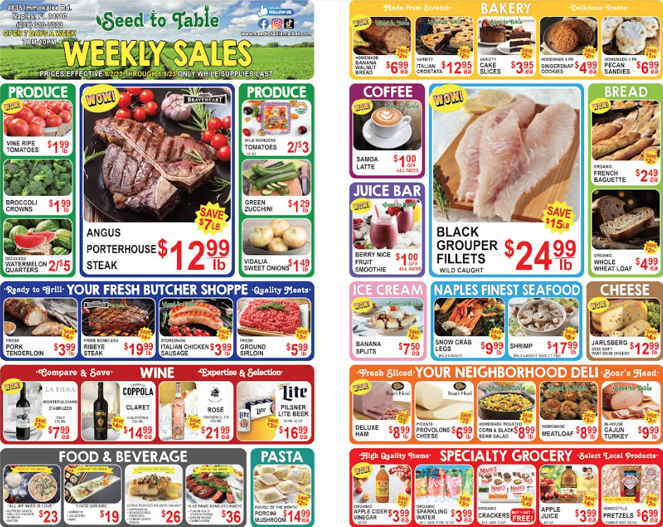 A bunch of different grocery items on the side of two pages.